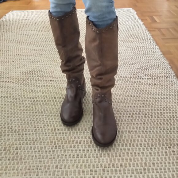 Tall Western Slouchy Leather Boots Sz 7.5  Studded Brown - Picture 5 of 14